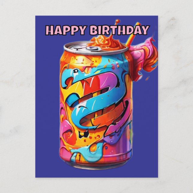 psychedelic colourful soda can birthday postcard (Front)