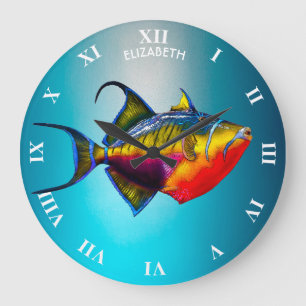 Psychedelic Colourful Triggerfish Fish Drawing Large Clock
