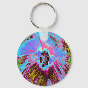 Psychedelic Cornflower Blue and Magenta Hibiscus Keychain