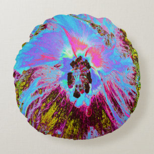 Psychedelic Cornflower Blue and Magenta Hibiscus Round Pillow