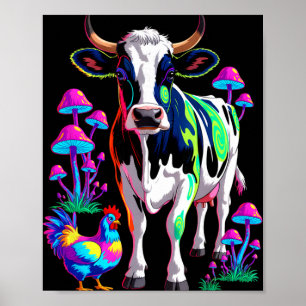 Psychedelic Cow Chicken Mushrooms Farm Animal Art  Poster