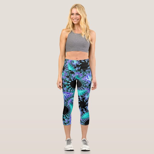 Psychedelic Cyan Tentacle Abstract Fractal Art Capri Leggings (Front)