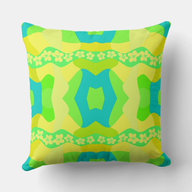 Psychedelic Daisy Chain Patchwork Lemon Lime Teal Throw Pillow (Back)