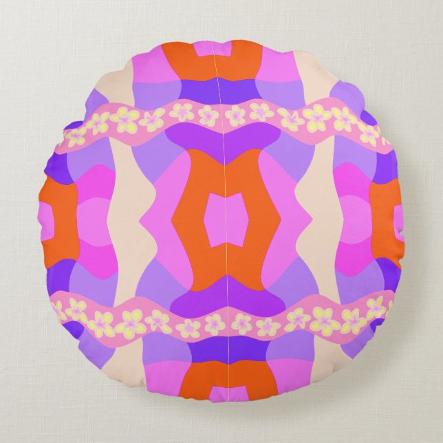Psychedelic Daisy Chain Patchwork - Pink Purple 2 Round Pillow (Front)
