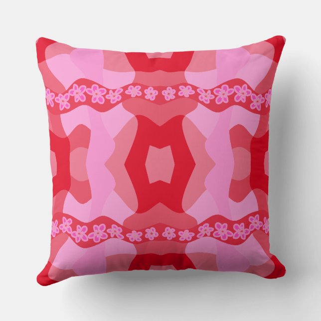 Psychedelic Daisy Chain Patchwork - Pink Red Throw Pillow (Back)