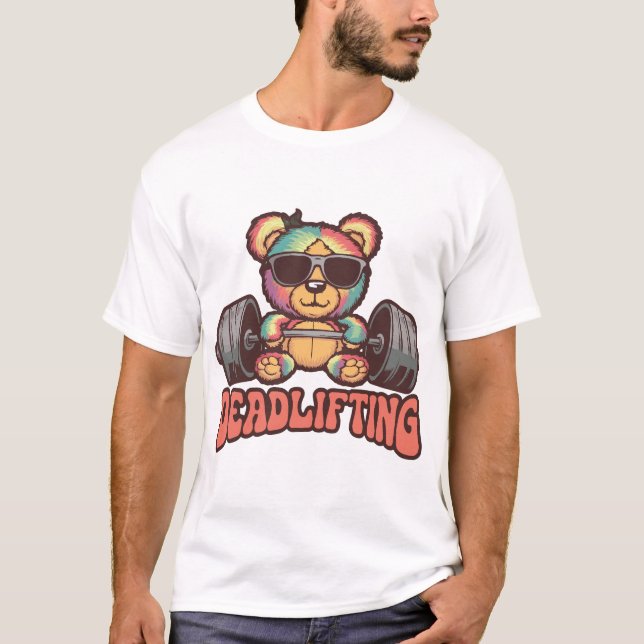 Psychedelic Deadlifting Bear Design T-Shirt (Front)