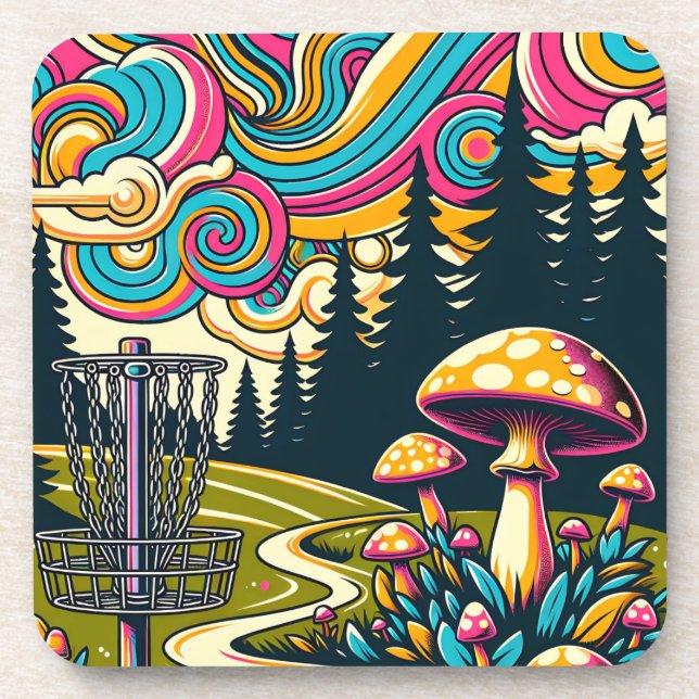Psychedelic Disc Golf Basket and Retro Mushrooms Coaster (Front)