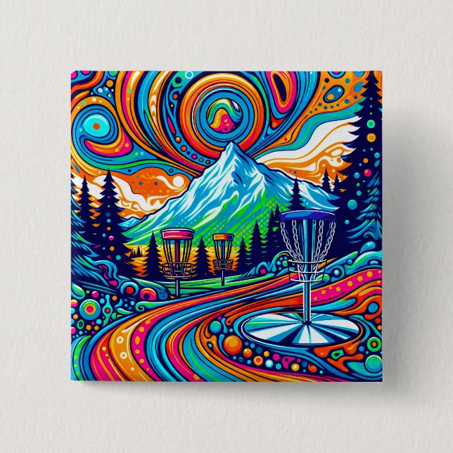 Psychedelic Disc Golf Course  2 Inch Square Button (Front)