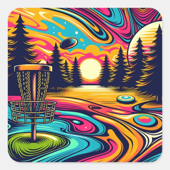 Psychedelic Disc Golf Course at Sunset Square Sticker (Front)