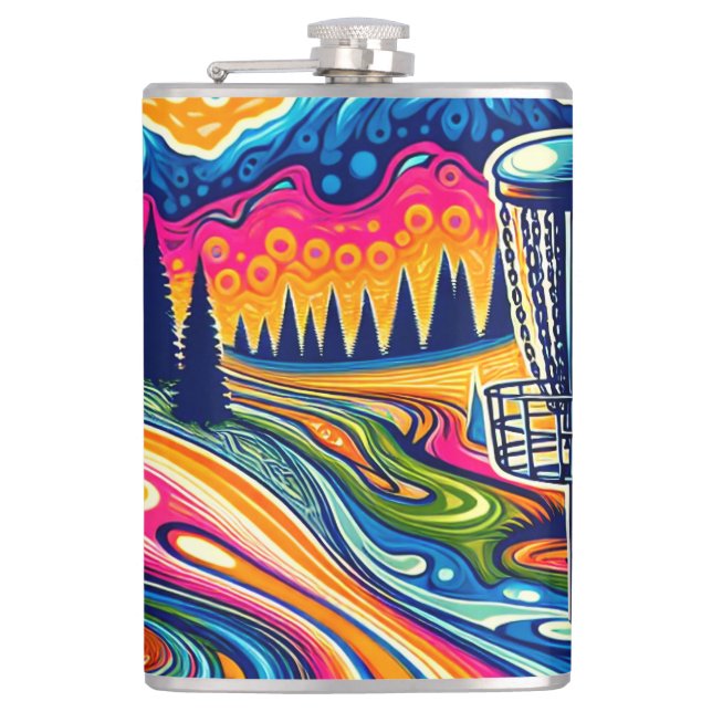 Psychedelic Disc Golf Course in the Mountains Hip Flask (Front)