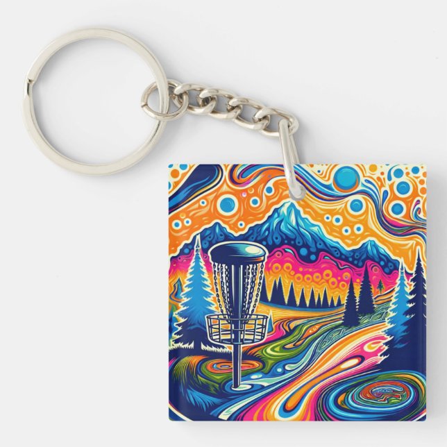 Psychedelic Disc Golf Course in the Mountains Keychain (Front)