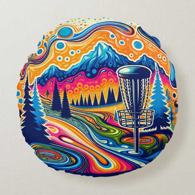 Psychedelic Disc Golf Course in the Mountains Round Pillow (Front)
