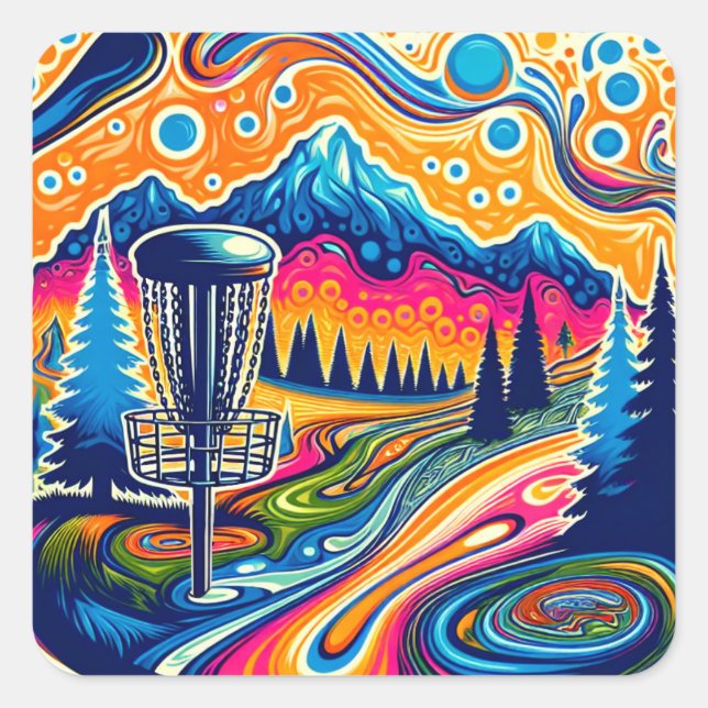 Psychedelic Disc Golf Course in the Mountains Square Sticker (Front)