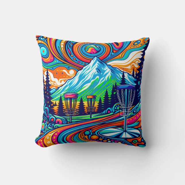 Psychedelic Disc Golf Course Throw Pillow (Front)