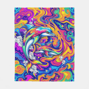 Psychedelic Dolphins in Vivid Ocean Swirls Fleece Blanket