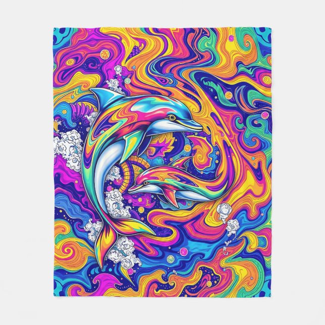 Psychedelic Dolphins in Vivid Ocean Swirls Fleece Blanket (Front)