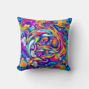 Psychedelic Dolphins in Vivid Ocean Swirls Throw Pillow