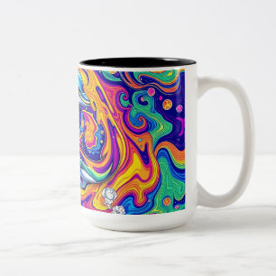 Psychedelic Dolphins in Vivid Ocean Swirls Two-Tone Coffee Mug