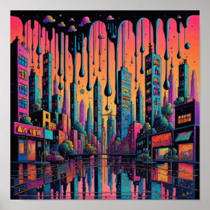 Psychedelic Drippy City Art  Poster
