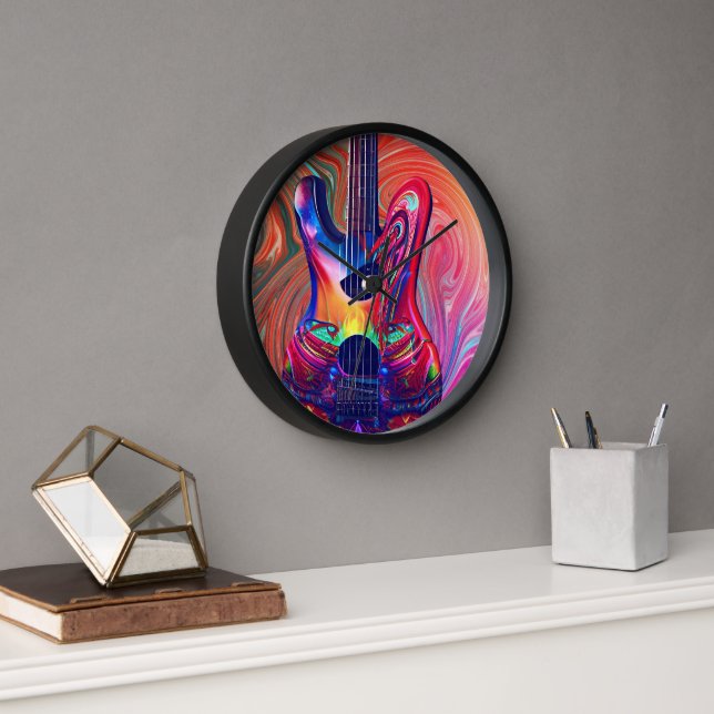 Psychedelic Electric Acoustic Semi Guitars Art    Clock (Office)