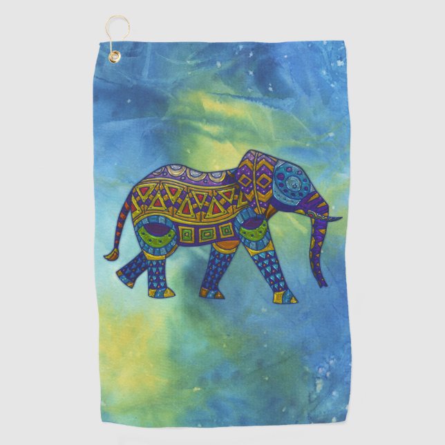 Psychedelic elephant on blue-green outer-space golf towel (Front)
