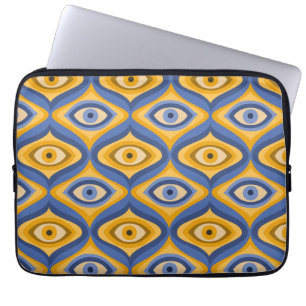 Psychedelic eye pattern indigo blue yellow laptop sleeve