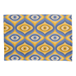 Psychedelic eye pattern indigo blue yellow pillowcase