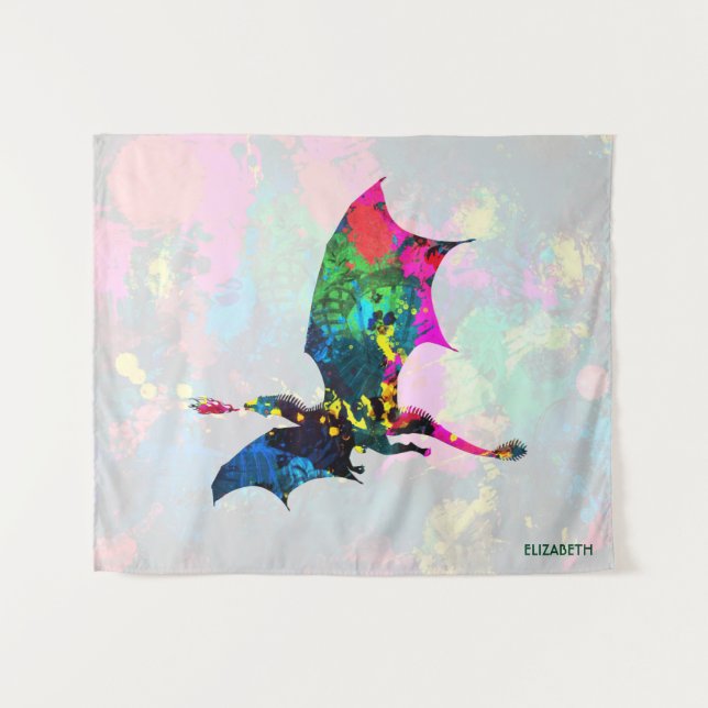 Psychedelic Fairy Tale Dragon Breathing Fire Tapestry (Front (Horizontal))