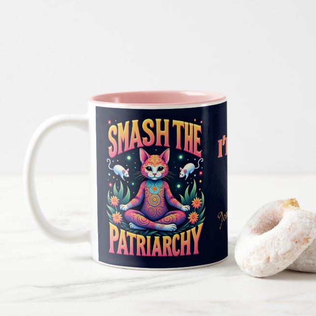 Psychedelic Feminist Kitty Personalized Two-Tone Coffee Mug (With Donut)