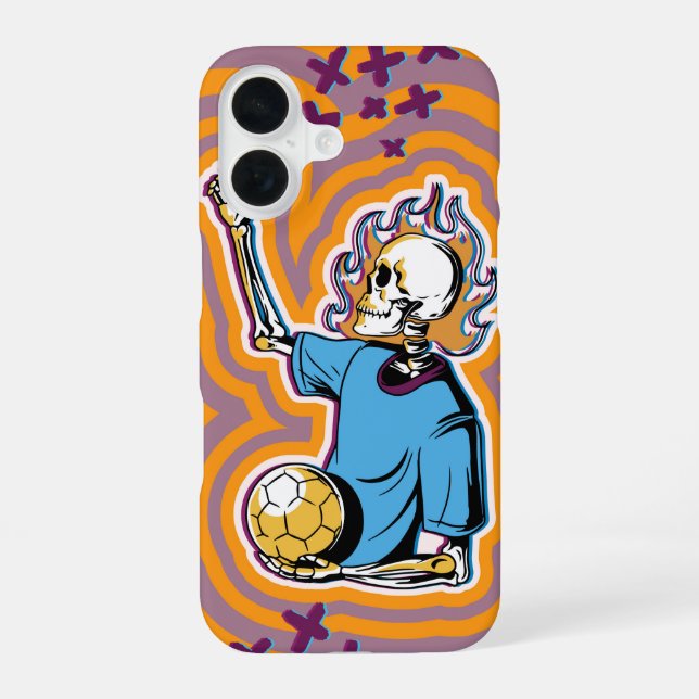Psychedelic Flaming Soccer Skull iPhone 16 Case (Back)