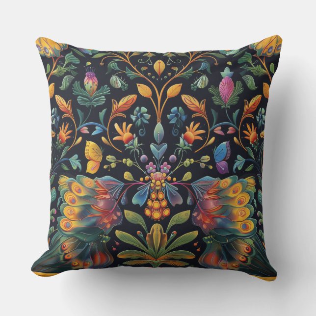 Psychedelic Flight Tapestry Botanical Throw Pillow (Front)