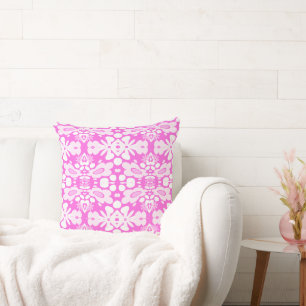 Psychedelic Flowers & Heart Fuchsia Throw Pillow