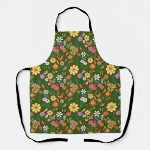 Psychedelic Flowers Pattern Retro Style D Green BG Apron