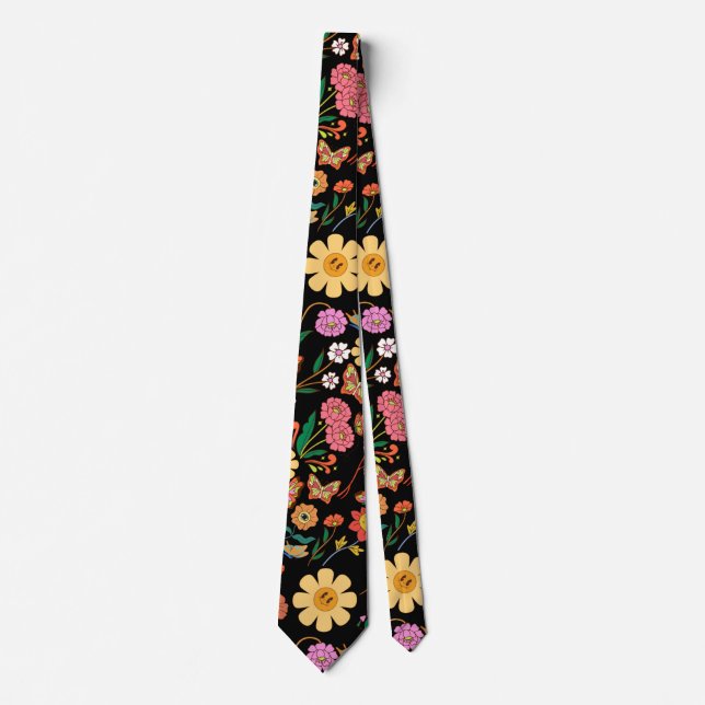 Psychedelic Flowers Pattern x4 Black BG Tie (Front)