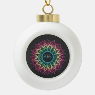 Psychedelic Fractal Mandala 2026 Design with Neon  Ceramic Ball Christmas Ornament