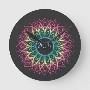 Psychedelic Fractal Mandala 2026 Design with Neon  Round Clock