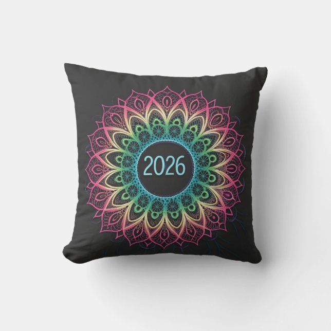 Psychedelic Fractal Mandala 2026 Design with Neon  Throw Pillow (Front)
