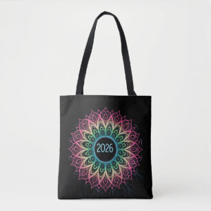 Psychedelic Fractal Mandala 2026 Design with Neon Tote Bag