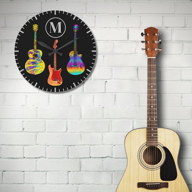 Psychedelic Funky Guitars  Large Clock (Cool colorful guitar black monogram modern wall clock for guitarist and musicians )