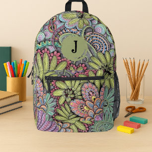 Psychedelic Garden Hand-Drawn Floral Monogram Printed Backpack