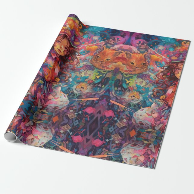 Psychedelic Girl Alice in wonderland Theme Wrapping Paper (Unrolled)