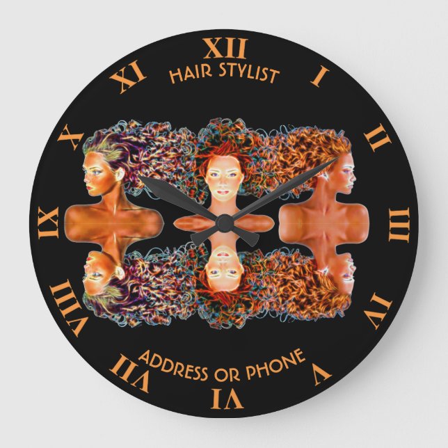 Psychedelic Girls Hair Stylist Hairdresser Design Large Clock (Front)