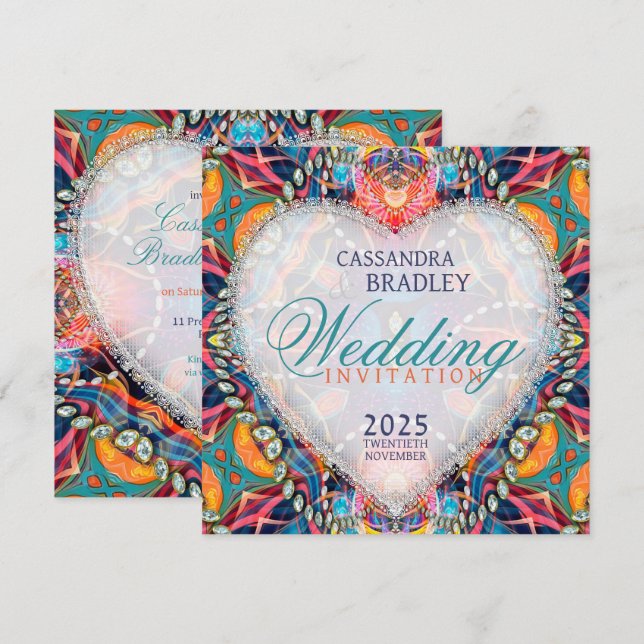 Psychedelic Glam Crystal Heart Wedding  Invitation (Front/Back)