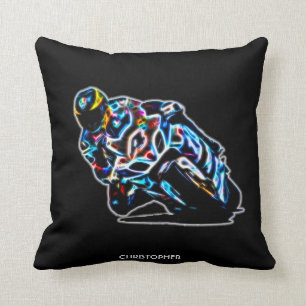 Psychedelic Glowing Racing Bike Motorcycle Rider Throw Pillow