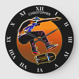 Psychedelic Glowing Skateboarder With Skateboard Large Clock
