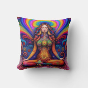 Psychedelic Goddess Rainbow Meditation Art Throw Pillow