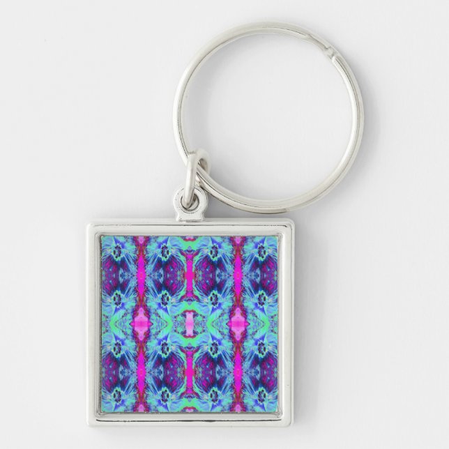 Psychedelic Green and Blue Hibiscus Pattern Keychain (Front)