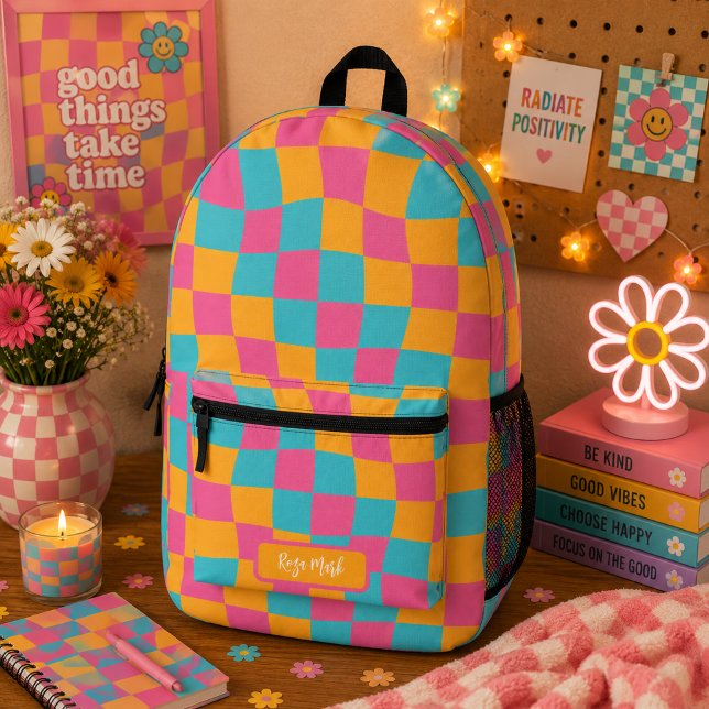 Psychedelic Groovy Chequerboard, Y2K 90s Printed Backpack (Creator Uploaded)