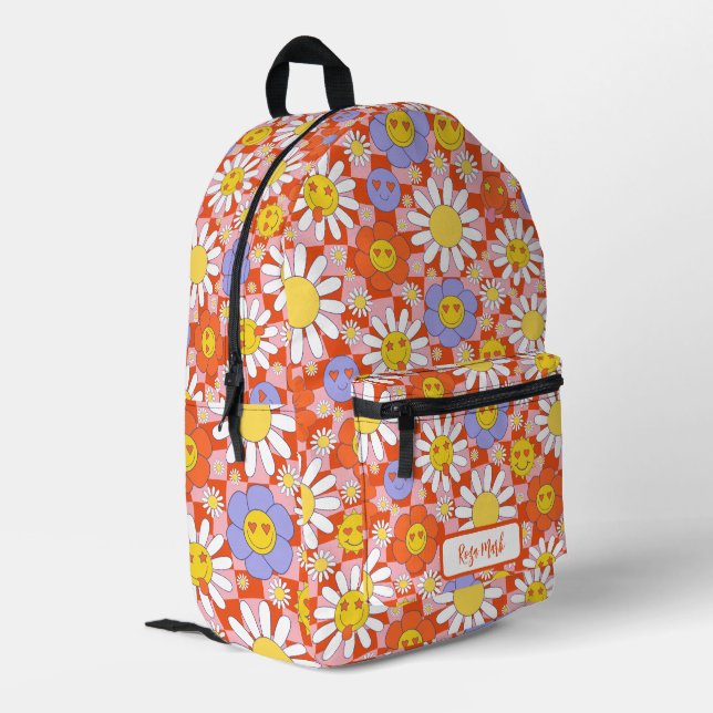 Psychedelic Groovy Daisy Chequerboard, Y2K 90s Printed Backpack (Back Corner Left)