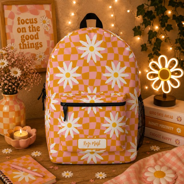 Psychedelic Groovy Daisy Chequerboard, Y2K 90s Printed Backpack (Creator Uploaded)